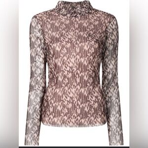 Jumila brown stretch semi-sheer abstract pattern print high neck long sleeve